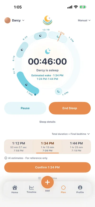 LumaNest planning screen during a nap: a timer running at 46 minutes with a line saying the baby is asleep, an estimated wake time of 1:34 PM with a 1:24-1:44 PM window, Pause and End Sleep buttons, three candidate wake times each listing the total sleep duration and the bedtime it leads to, and a note reading AI estimates - for reference only