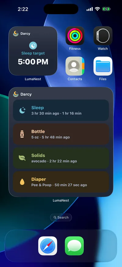 LumaNest widgets on a dark iOS Home Screen: a small widget showing a sleep target time of 5:00 PM, and a large widget listing the latest sleep, bottle, solids and diaper entries