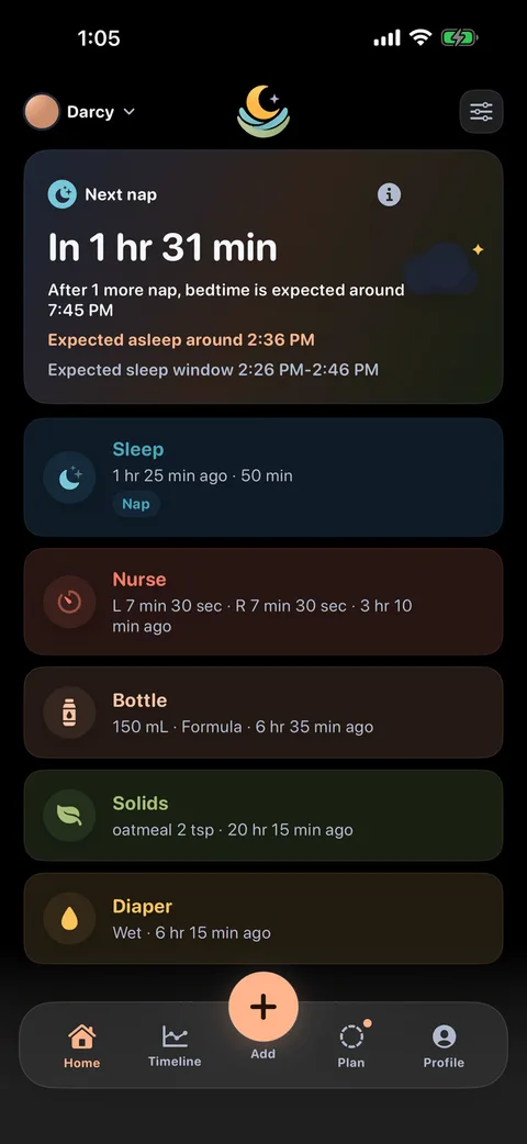 LumaNest home screen in dark theme: a Next nap card estimating the next nap in 1 hr 31 min with an expected sleep window, above the latest sleep, nurse, bottle, solids and diaper entries