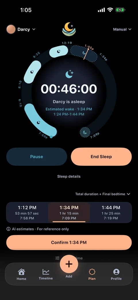 LumaNest planning screen during a nap, in dark theme: a timer running at 46 minutes with a line saying the baby is asleep, an estimated wake time of 1:34 PM with a 1:24-1:44 PM window, Pause and End Sleep buttons, three candidate wake times each listing the total sleep duration and the bedtime it leads to, and a note reading AI estimates - for reference only