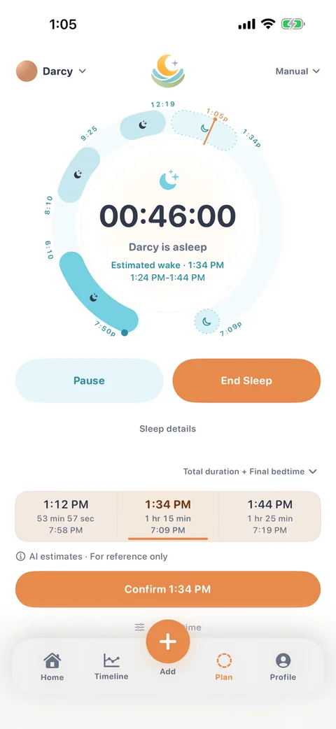LumaNest planning screen during a nap: a timer running at 46 minutes with a line saying the baby is asleep, an estimated wake time of 1:34 PM with a 1:24-1:44 PM window, Pause and End Sleep buttons, three candidate wake times each listing the total sleep duration and the bedtime it leads to, and a note reading AI estimates - for reference only