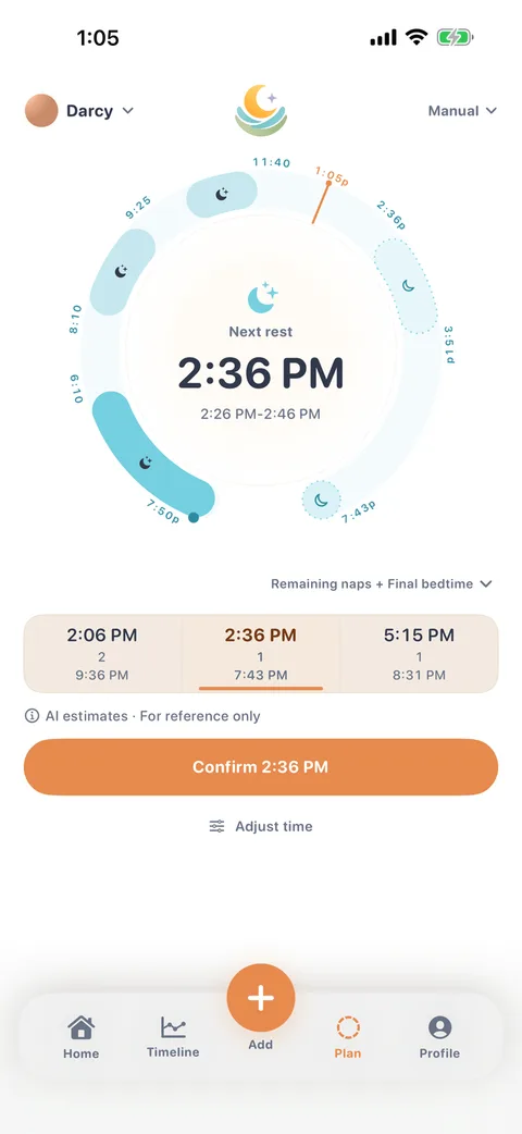 LumaNest planning screen: a day ring showing the sleeps already logged today plus a dotted block for a predicted nap, a Next rest estimate of 2:36 PM with a 2:26-2:46 PM window, three candidate start times each listing the remaining naps and the bedtime it leads to, a note reading AI estimates - for reference only, and a Confirm 2:36 PM button