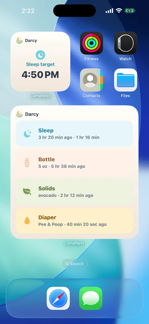 LumaNest widgets on the iOS Home Screen: a small widget showing a sleep target time, and a large widget listing the latest sleep, bottle, solids and diaper entries