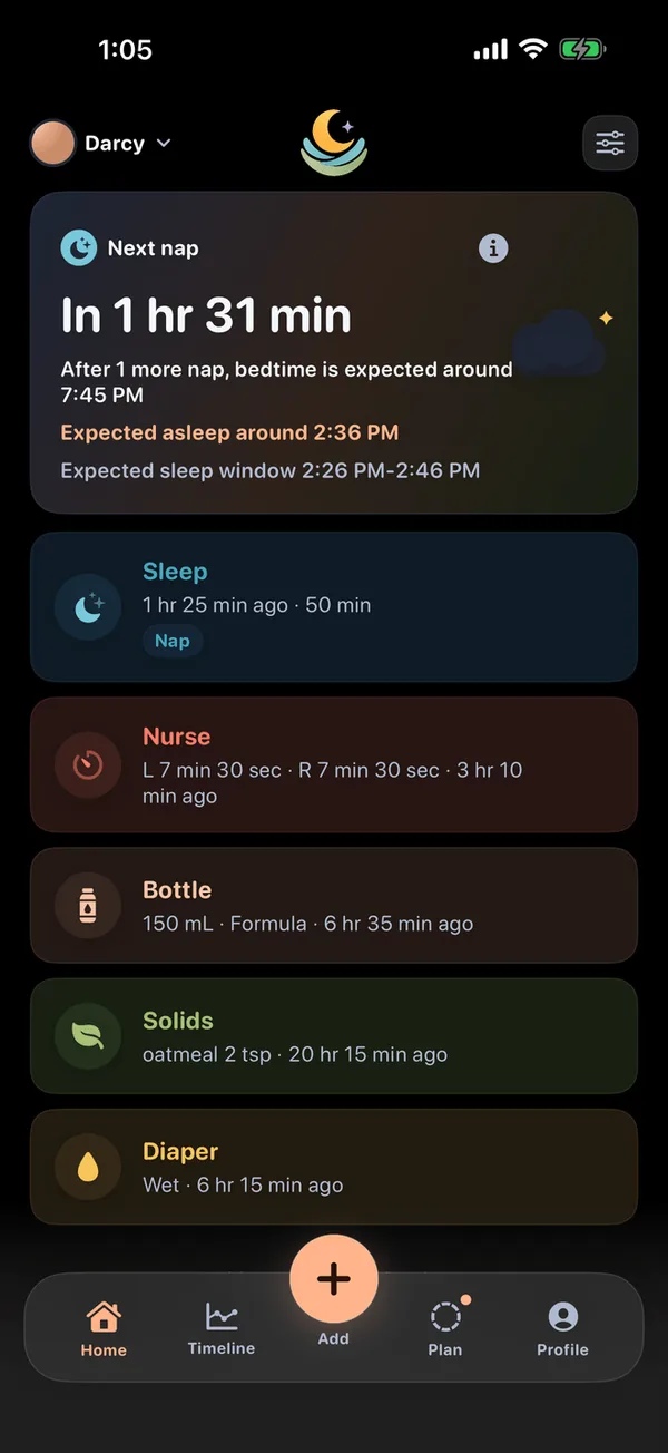 LumaNest home screen in dark theme: a Next nap card estimating the next nap in 1 hr 31 min with an expected sleep window, above the latest sleep, nurse, bottle, solids and diaper entries