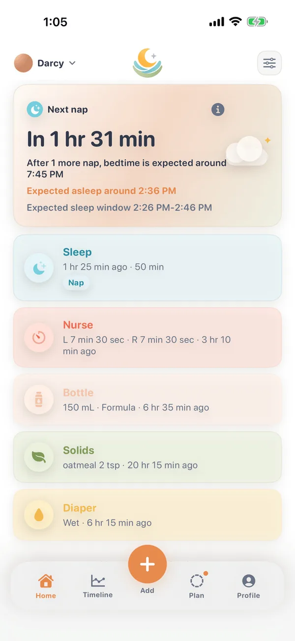 LumaNest home screen: a Next nap card estimating the next nap in 1 hr 31 min with an expected sleep window, above the latest sleep, nurse, bottle, solids and diaper entries