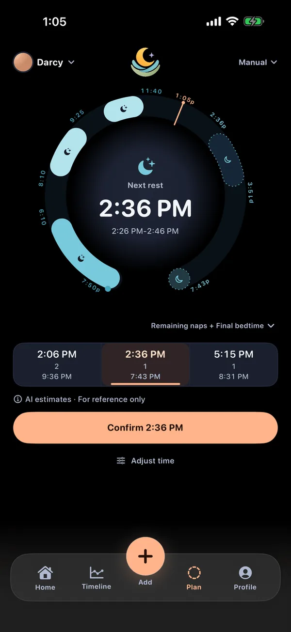 LumaNest planning screen in dark theme: a day ring showing the sleeps already logged today plus a dotted block for a predicted nap, a Next rest estimate of 2:36 PM with a 2:26-2:46 PM window, three candidate start times each listing the remaining naps and the bedtime it leads to, a note reading AI estimates - for reference only, and a Confirm 2:36 PM button